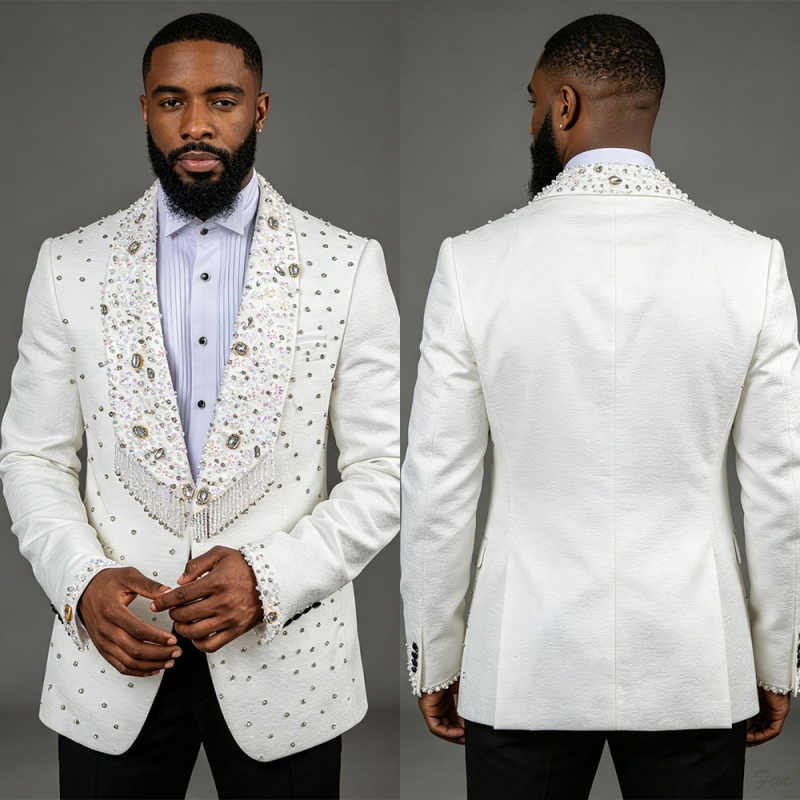 Men'S Formal Wear No Suit - Luxury White Rhinestone Tassel Men Suit