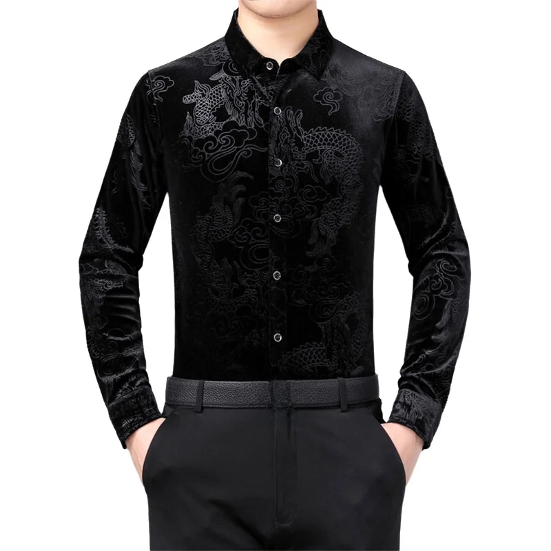 Men Formal Party Wear Dress - Men's Long Sleeve Shirt Chinese Loong