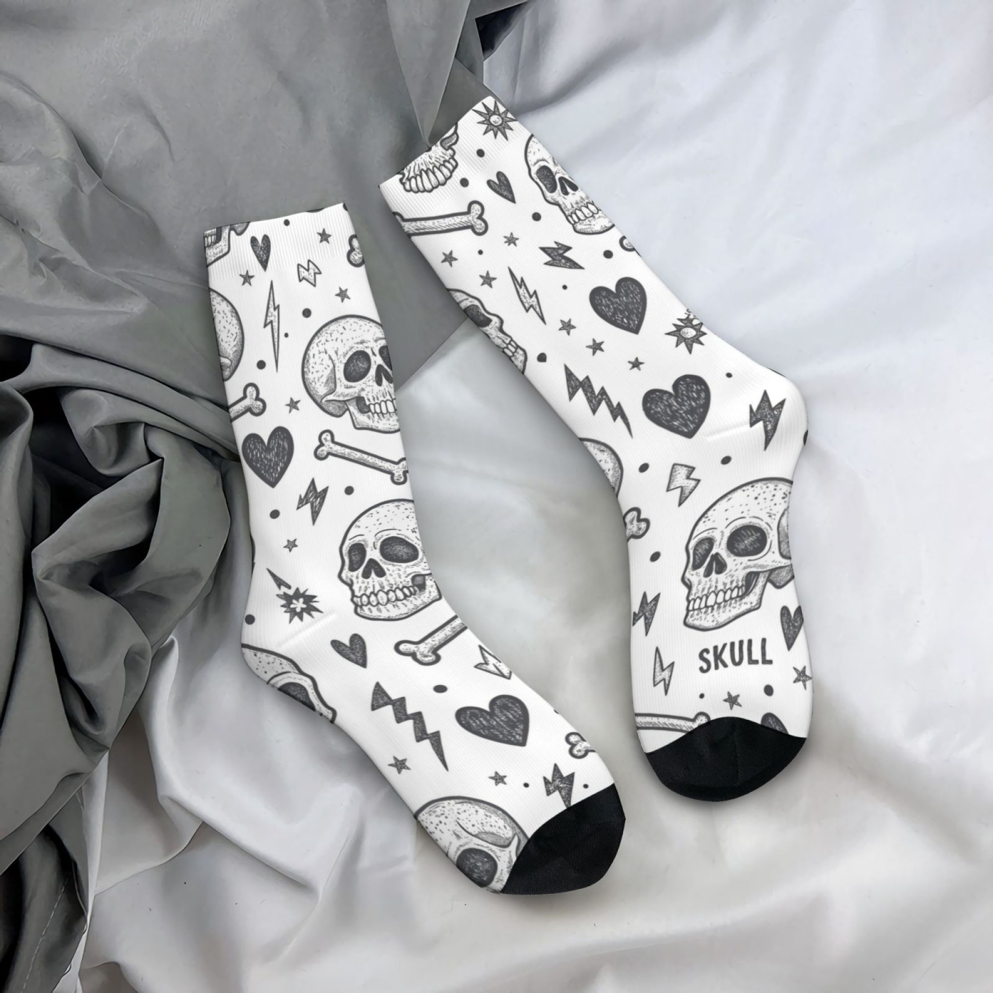 Men'S Gothic Formal Wear - Black White Punk Skull Hand-drawn Crew