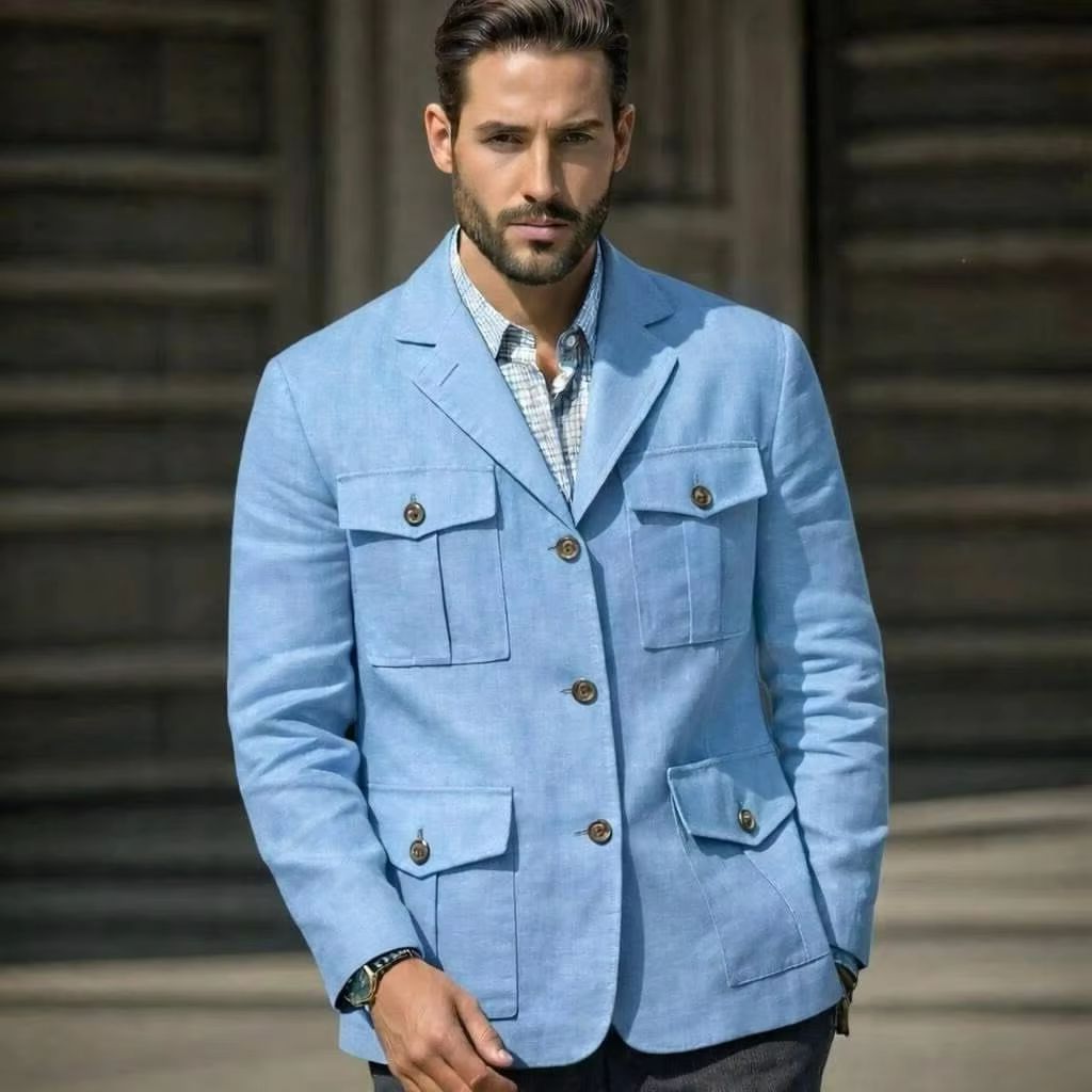 Blue Linen Safari Blazer Men's - огляд і ціна Men'S Formal Resort Wear