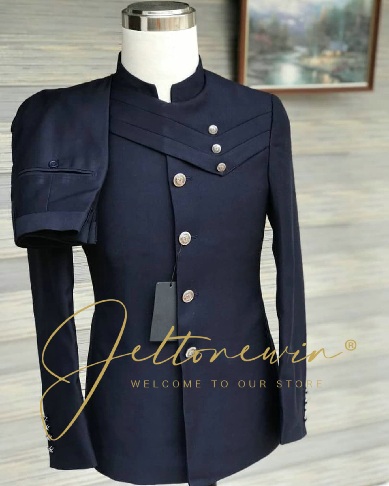Men's Navy Blue Suit Set with  - огляд і ціна Men Formal Wear For Wedding